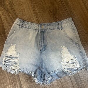 Blue High-Waisted Distressed Jean Shorts